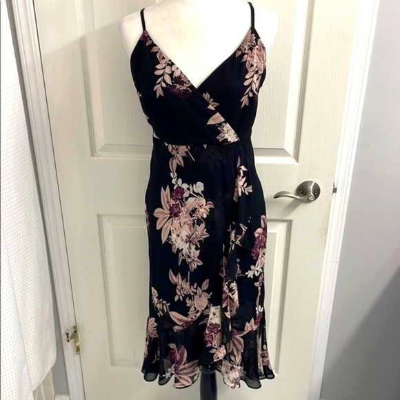 le chateau Dresses & Skirts - NWOT Black & Purple Floral Wrap Dress with High Low Ruffled Hem